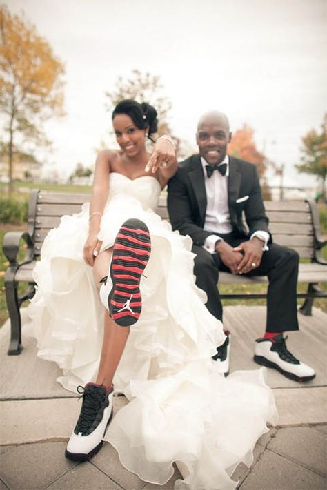 Oakville Conference Centre Wedding | Cara and Leon | Instead of the usual heels and dress shoes, this couple opted for Air Jordans for their footwear! Photography session in Bronte Outer Harbour Marina :) #torontoweddingphotographer #weddingphotography #weddingshoes ~ http://www.focusproduction.ca/oakville-wedding-at-bronte-outer-harbour-marina-cara-and-leon/ Dress With Jordans, Alternative Wedding Shoes, Comfy Wedding Shoes, Bridal Sneakers, Wedding Sneakers, Bride Shoes, Love Is In The Air, Alternative Wedding, Tiffany Blue