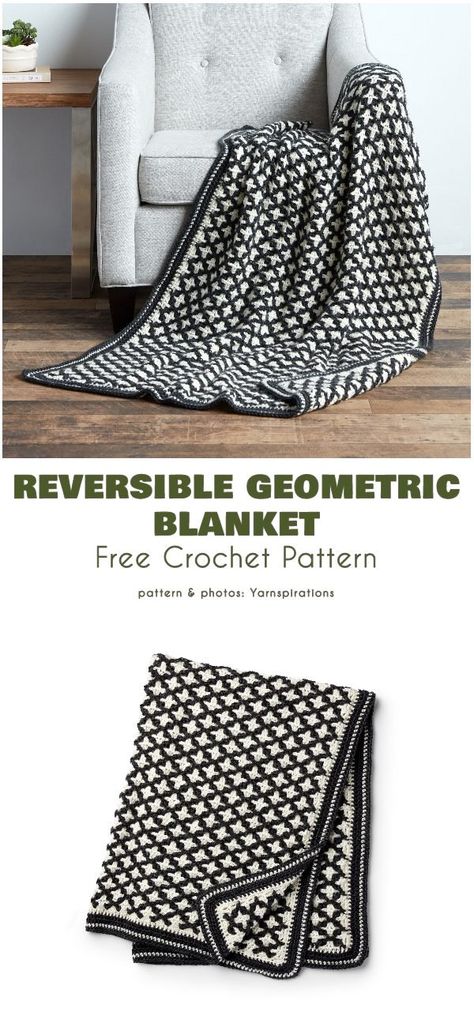 Reversible Geometric Blanket Free Crochet Pattern Modern interiors do well with simple, two-tone accessories with geometric patterning. Vintage Blanket Crochet Pattern, Crochet Two Color Blanket, Modern Haken, Geometric Blanket, Modern Crochet Blanket, Crochet Rugs, Modern Crochet Patterns, Crochet Blanket Designs, Wedding Blankets