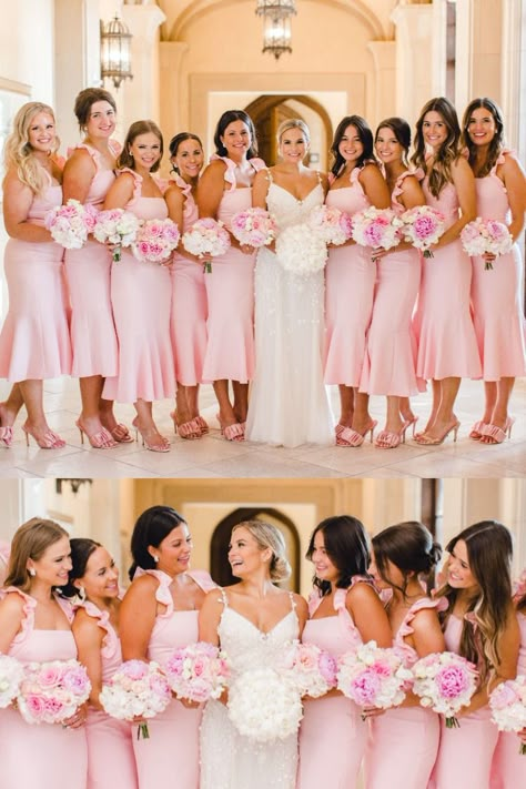 A vision of Pink / Pink wedding inspiration Pink wedding inspiration, pink dresses, pink bridesmiads dresses! Photo – Sarah Blaze Photography Candy Pink Wedding Color Schemes, Pink And Cream Wedding Color Schemes, Pink Themed Wedding Color Combos, Light Pink Wedding Theme Color Schemes, Bridesmaid Dresses Baby Pink, Light Pink Wedding Decor, Wedding Pink Theme, Wedding Themes Pink, Blush And Bashful Wedding