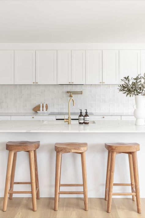 A white kitchen filled with natural light features brushed brass tapware and wooden bar stools. Timeless Kitchen Ideas, Abi Interiors, Back To Wall Bath, Concrete Basin, Timeless Kitchen, Kitchen Sink Taps, Pot Filler, Design A Space, Renovation Design