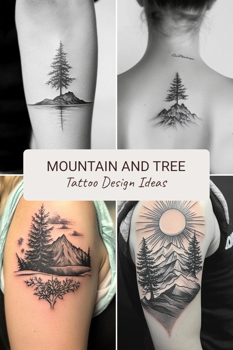 Mountain and tree tattoos are powerful symbols of strength, nature, and tranquility, making them popular choices for body art. The combination of these elements creates stunning designs that represent not only beauty but also resilience and a deep connection to the earth. Whether you're looking for intricate details or minimalist styles, these tattoo inspirations can reflect your love for the outdoors. Explore various tattoo interpretations, from majestic mountain ranges to graceful trees, and choose the perfect piece that resonates with your spirit. Banff Tattoo Ideas, Washington Tattoos, Mountain Forest Tattoo, Mountain And Tree Tattoo, Earthy Tattoos Nature, Nature Tattoo Sleeve Women, Mountain Sleeve Tattoo, Evergreen Tattoo, Washington Tattoo