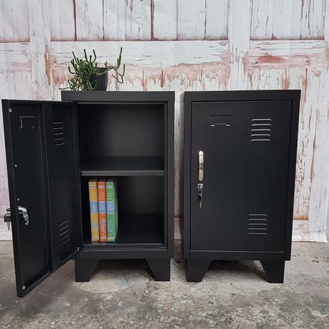 Black Mini Lockers | Trade Me Mini Locker, Industrial Living Room Design, Ladybug Pv, Tiny House Loft, Bedroom Cupboard Designs, Metal Lockers, Industrial Livingroom, Clip Lights, Study Room Decor