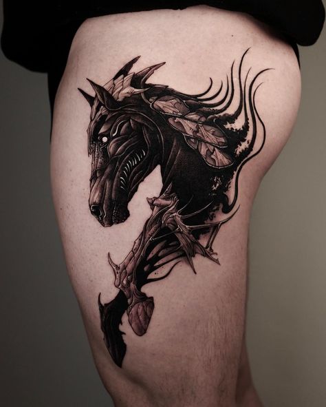 Tattoo for thigh Horse Tattoo Traditional, Apocalypse Tattoo, Thigh Tattoo Ideas, Butterfly Thigh Tattoo, Pegasus Tattoo, Black Dragon Tattoo, Tattoo On Thigh, Horse Tattoo Design, Horse Skull