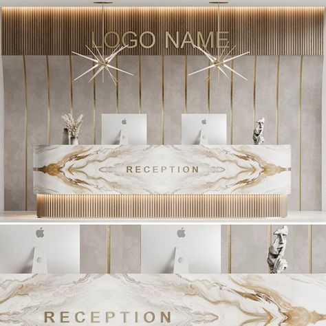 Reception Design 11 Luxury Reception Desk Design, Luxury Office Reception Design, Reception Back Wall Design, Counter Desk Design, Luxury Reception Design, Office Lobby Interior Design, Company Lobby, Office Lobby Interior, Marble Reception Desk