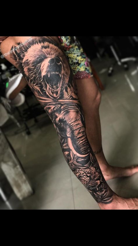 Rhys Tattoo, Calf Sleeve Tattoo, Leg Sleeve Ideas, Animal Tattoos For Men, Best Leg Tattoos, Animal Sleeve Tattoo, Animal Sleeve, Full Leg Tattoos, Realistic Tattoo Sleeve