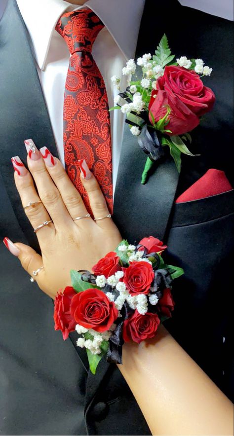 Corsage Ideas Prom, Corsage Red Dress, Red Dress Corsage, Corsages For Red Dress, Corsage With Red Dress, Red Corsages For Prom, Red Corsage And Boutonniere Prom, Red Wrist Corsage Prom, Red Dress Corsage And Boutonniere