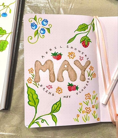 May Page Bullet Journal, May 2024 Bullet Journal, May Scrapbook Page, May Journal Cover Page, May Spreads Bullet Journal, May Bullet Journal Ideas Layout, Spring Bujo Ideas, May Bujo Spread, May Reading Journal