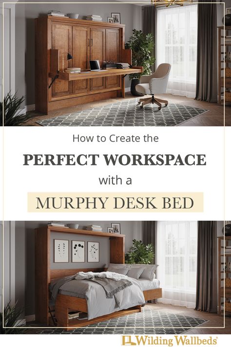 Murphy Desk Bed open and closed. Murphy Bed Rooms, Home Office With Murphy Bed, Desk Beds, Murphy Bed Desk Combo, Bed Desk Combo, Desk And Bed, Wilding Wallbeds, Murphy Bed With Desk, Murphy Bed Office