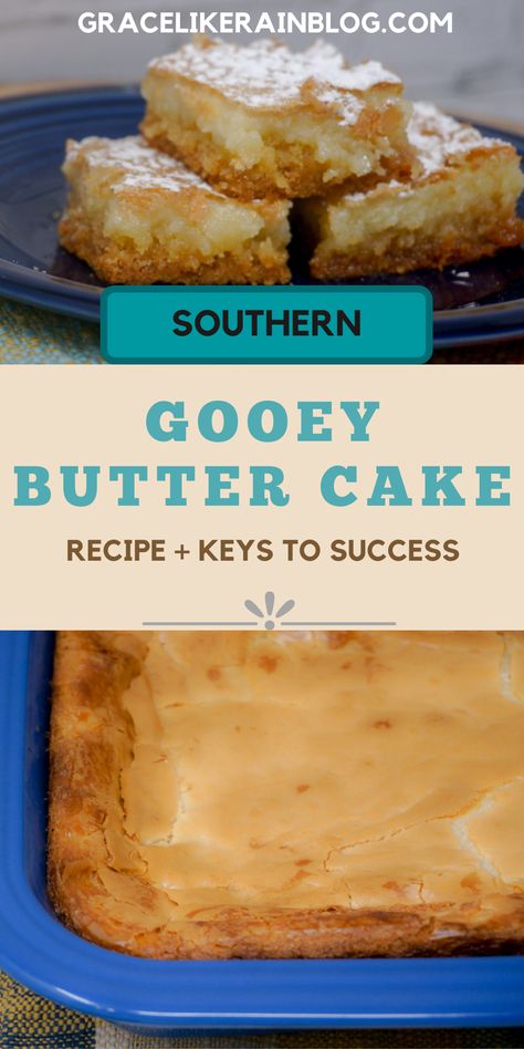 Gooey Butter Cake is a super easy two-layer bar dessert. It is so buttery and delicious with that flaky top and that ooey-gooey filling. This dessert is perfect for your next potluck! Gooey Butter Cake from a cake mix is an easy bar dessert that will knock your socks off. | Ooey Gooey Butter Cake | Butter Bars | Butter Cake Recipe | Paula Deen Butter Cake | Easy Brownies and Bars Recipes | Potluck Recipes Manly Food, Paula Deen Butter Cake, Recipes Potluck, Gooey Butter Cake Recipe, Quick Sweets, Butter Cake Bars, Ooey Gooey Cake, Easy Brownies, Ooey Gooey Butter Cake