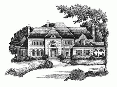 Front English Manor Floor Plan, French Chateau House Plans, Chateau House Plans, Manor Floor Plan, Chateau House, Blueprint Pictures, Chateau Style, Elevation Plan, European House Plans