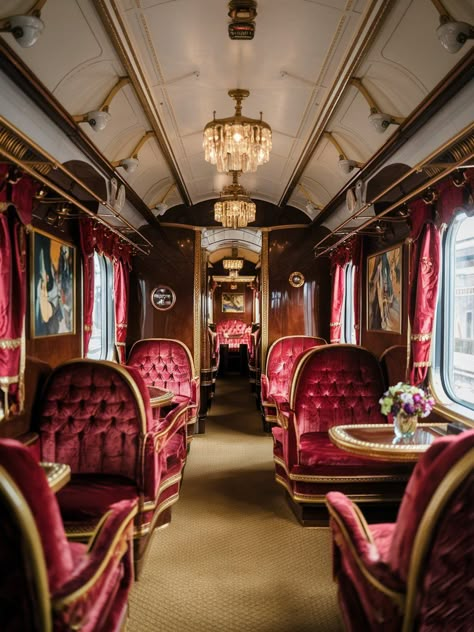 A photo of a luxury train interior with a vintage aesthetic. The train car is furnished with plush red velvet seats, polished wooden accents, and ornate gold fixtures. The ceiling has intricate patterns, and there is a chandelier hanging above the seats. The walls are adorned with classic artwork. There is a small table with a vase of flowers near the window. The window curtains are red and gold. Private Train Cars, Vintage Train Aesthetic, Train Interior Design, Train Interior, A Vase Of Flowers, Luxury Train, Gold Fixtures, Vase Of Flowers, Classic Artwork