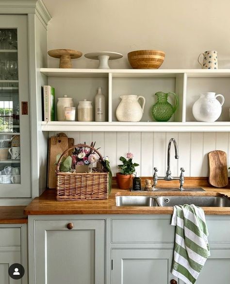 Pine Open Shelving Kitchen, Beadboard Backsplash Open Shelving, Beadboard Backsplash Kitchen Open Shelves, Blackstone Kitchen, Floating Shelves Kitchen Baking, Vintage Beadboard, Traditional Open Kitchen Shelf Scalloped, Open Shelves Kitchen, Swedish Country House