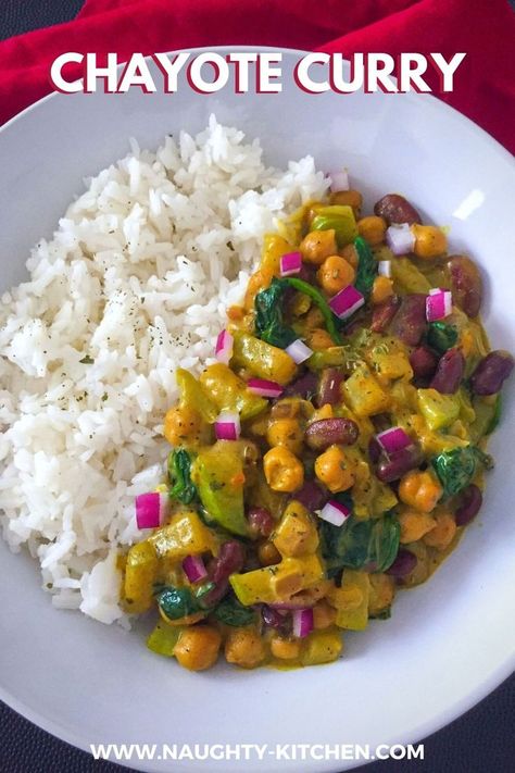 Experience the taste of exotic flavors thats loaded with organic chickpeas and kidney beans mixed with chayote squash. You’ll enjoy this Chayote Curry. Low Carb Beans, Chayote Recipes, Chayote Squash, Jamaican Curry, Plantbased Recipes, Daniel Fast, Curry Dishes, Fusion Food, Curry Recipe