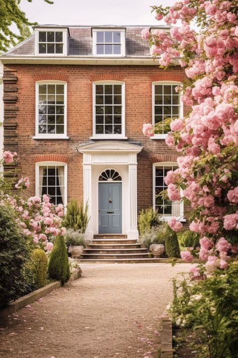 Manor House with Light Blue Door and Pink Rose Bushes Home Exterior Design, Jade Design, Georgian Interiors, Light Brick, Interior Design Images, Hallway Designs, London House, Home Exterior, Georgian Homes