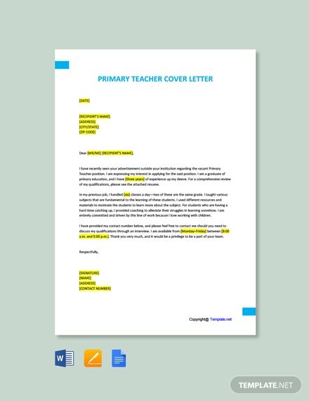 Instantly Download Free Primary Teacher Cover Letter Template, Sample & Example in Microsoft Word (DOC), Apple (MAC) Pages, Google Docs Format. Available in A4 & US. Quickly Customize. Easily Editable & Printable. Teacher Cover Letter, Application Letter For Teacher, Teacher Letter Of Recommendation, Job Application Letter, Application Letter Template, Teacher Letter, Teacher Job, Cover Letter Template Free, Library Media Specialist