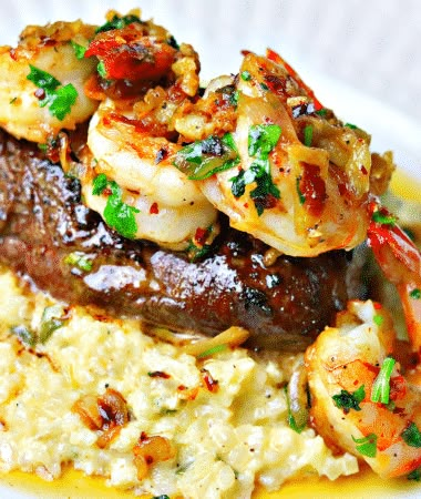 Surf N Turf Recipes, Cauliflower Risotto Recipes, Steak Dinner Recipes, Mignon Steak, Filet Mignon Steak, Cauliflower Risotto, Surf N Turf, Steak And Shrimp, Surf Turf