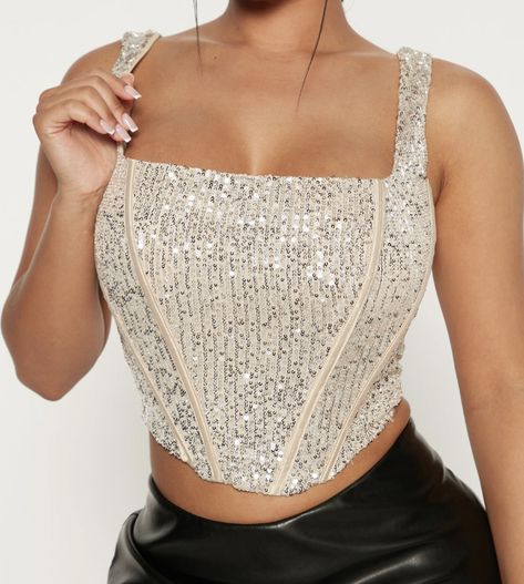 Xl- sierra sequin corset top Sequin Corset Top, Champagne Fashion, Sequin Corset, Black Corset Top, Black Corset, Knit Tops, Corset Top, Square Neck, Fashion Nova