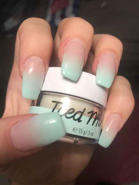 Mint & pink powder ombre nails Ombre Mint Green Nails, Ombre Nails Matte Short, Mint Dip Powder Nails, Summer Ombre Acrylic Nails, Dip Powder Nails Green Ombre, Colored Ombre French Tip Nails, Mint Ombre Acrylic Nails, Ombre Nail Designs Green, Mint Green Dip Powder Nails