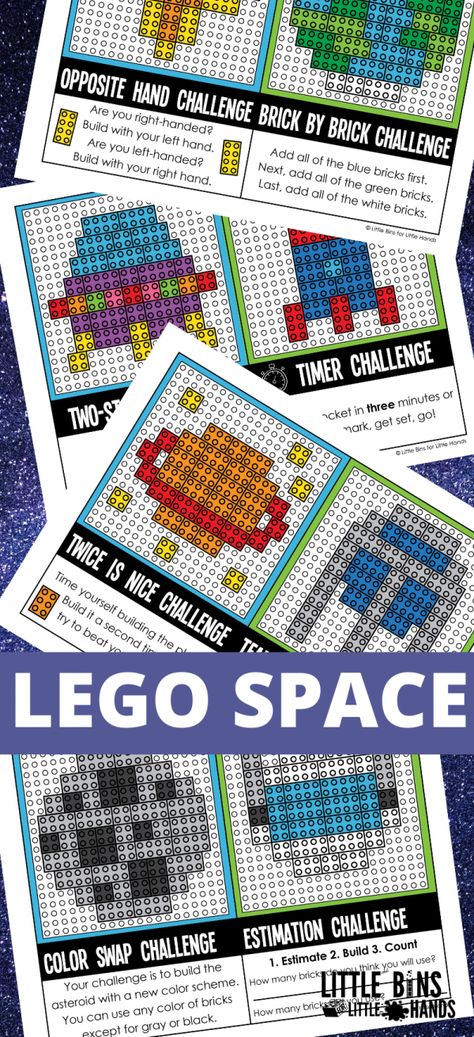 LEGO Space Challenges Cards (FREE Printable Fun!) Lego Challenge Cards Free Printable With Pictures, Lego Patterns Printable Templates, Lego Templates For Kids, Lego Instructions Step By Step Printable, Lego Building Cards, Lego Challenge Ideas, Lego Challenge Cards, Lego Cards, Lego Therapy