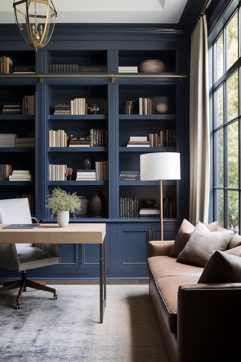 Office Room Bookshelves, Blue Home Offices, Moody Office, Office Built Ins, Office Bookshelves, Home Office Library, Blue Office, Small Home Offices, Home Library Design