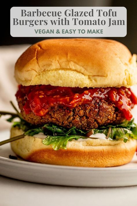 These Barbecue Glazed Tofu Burgers are the ideal homemade burger with perfect texture and chew. Packed with protein and great to prep ahead. Tofu Burgers Recipe, Tofu Burgers Patties, Barbecue Tofu Sandwich, Tofu Burgers, Vegan Bbq Tofu, Glazed Tofu, Tofu Burger, Homemade Burger, 30 Minute Meals Easy