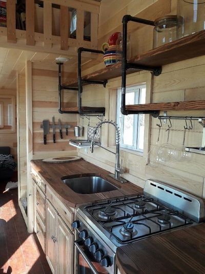 Tiny Cabin Kitchen, Small Cabin Kitchens, Tiny Cabins Interiors, Rustic Tiny House, Shed Home, Tiny House Interior Design, Shed To Tiny House, Tiny Cabins, Tiny House Kitchen