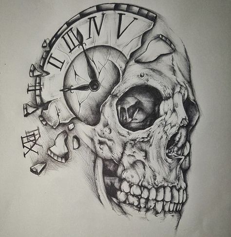 Tattoos Arm Mann, Tattoo Crane, Clock Drawings, Evil Skull Tattoo, Skull Sleeve Tattoos, Skull Sleeve, Clock Tattoo Design, Tattoo Zeichnungen, Skull Art Drawing