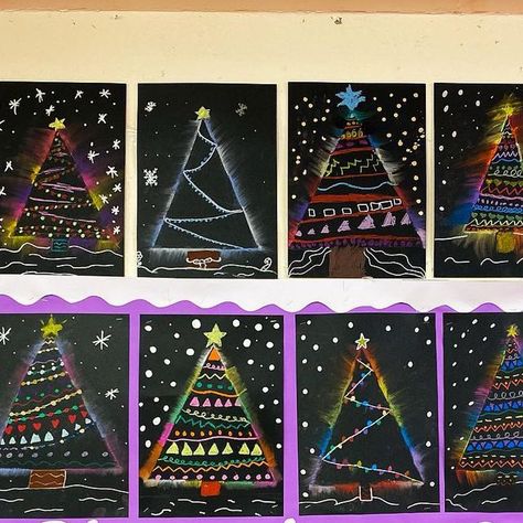 Primary Artists on Instagram: "O Christmas tree, o Christmas tree, how lovely are your branches! ✨🎄✨ Keeping art simple & festive these days, amongst the chaos in the classroom that December brings 🙃 These are so simple and were completed in 40 mins so that was a winner in my eyes 🤩 If you want to try these I will outline a quick step guide below: 🎄Give each child an A3 piece of black card. (Black sugar paper be fine too!) 🎄Children draw a big triangle using a ruler on the page -remind them to leave room at the top for a star and room below for the tree trunk. 🎄Once they are happy with their tree shape and have added a star and trunk, ask the children to add details (patterns/ lights/ Christmas baubles- whatever they wish) using oil pastels. 🎄After they have completed the tree they Grade 6 Christmas Craft, Christmas Art Primary School, Christmas Tree Art Kindergarten, Christmas Art Kids Classroom, Grade 3 Christmas Art, Xmas Art For Kids, Christmas Art Ks2, Elementary Christmas Art Projects, Christmas Art Kindergarten