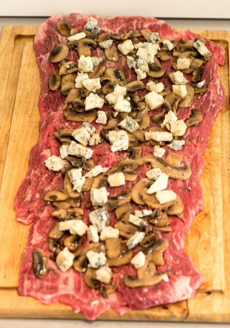 Rolled Flank Steak Recipes Grill, Flank Stake Recipe, Smoked Stuffed Flank Steak, Flank Steak With Mushrooms, Stuffed Flank Steak Recipes Grilled, Flank Steak Pin Wheels, Flank Steak Pinwheels Smoker, Flank Steak Wraps, Wrapped Flank Steak Recipes