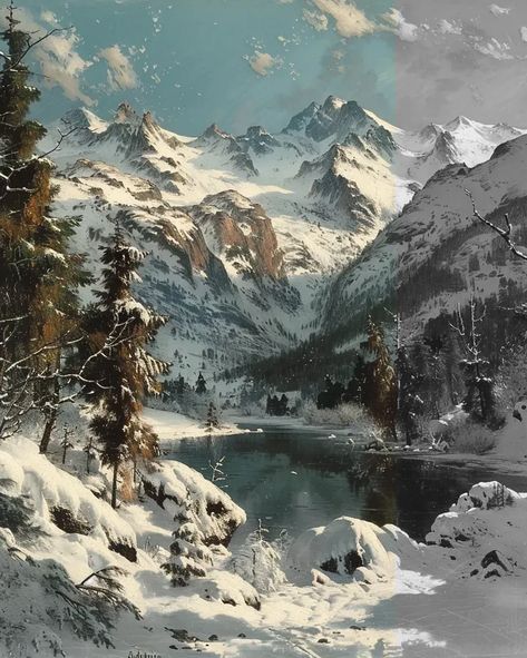 Full Color Image in ai-img-gen.com 🔸 Albert Bierstadt, Rocky Mountains in the winter --no signatures --ar 4:5 🔸 From Midjourney AI Image Snowy Mountain Fantasy Art, Fantasy Snowy Mountains, Winter Environment, Mystical Landscapes, Inktober 2024, Albert Bierstadt, Perfect Human, Winter Mountain, Mountain River