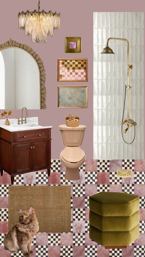 Traditional Pink Bathroom, Eclectic Small Bathroom Ideas, Anthro Inspired Bathroom, Pink Eclectic Bathroom, Gen Z Bathroom, Colorful Guest Bathroom, Kitschy Bathroom, Teenager Bathroom Ideas, Small Funky Bathroom Ideas