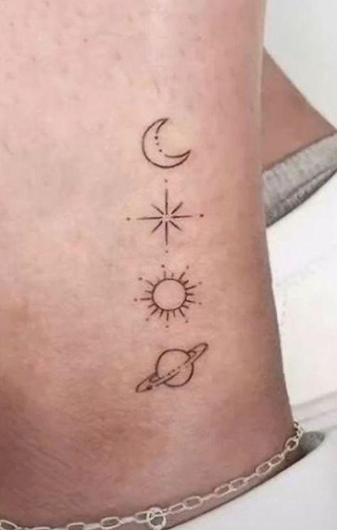 Sun Moon Stars Planet Tattoo, Celestial Tattoo, Sun Tattoo Designs, Planet Tattoos, Sibling Tattoos, Sun Tattoo, Sun Moon Stars, Star Tattoos, Stars And Moon