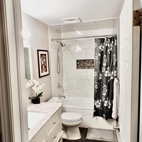 tub shower ideas -  Consider built-in Niches Marble Bath Tub, Tub Shower Ideas, Condo Bathroom Ideas, Guest Bath Ideas, Grey Wall Tiles, Simple Bathroom Designs, Condo Bathroom, Shower Tub Combination, Kid Bathroom