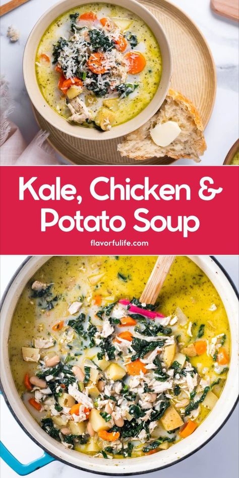 This kale soup recipe is a hearty soup. This tender kale soup with chicken is the best kale potato soup ever. It’s the best kale soup for a healthy soup packed with protein. Perfect comfort food, this one pot dish makes for an easy dinner any night of the week. Chicken Potato Kale Soup, Soups With Kale In It, Recipes With Kale Easy, Kale Soup Crockpot, Soup With Kale Recipes, Recipes Using Kale, Kale Chicken Soup, Kale And Potato Soup, Potato And Kale Soup