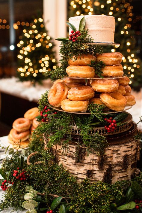 Winter Donut Ideas, December Wedding Dessert Table, Winter Wedding Food Ideas Buffet, Christmas Wedding Dessert Table, Wedding Cheesecake Display, Winter Wedding Food, Doughnut Wedding Cake, Cassie Wedding, Donut Wedding Cake