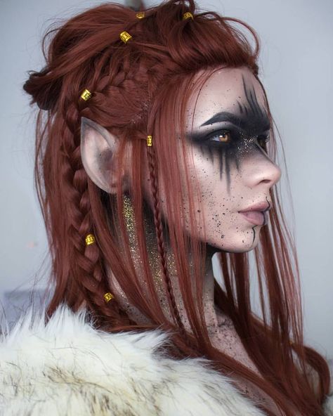 Viking // Elven Warrior ~ I've been meaning forever to do a Viking inspired look complete with the hair so I finally got around to it. Tell… Viking Elf Makeup, Forest Elf Cosplay Makeup, Forest Demon Costume, Dark Fey Makeup, Warrior Elf Female, Woodland Witch Makeup, Renfair Makeup, Viking Make Up, Forest Elf Makeup