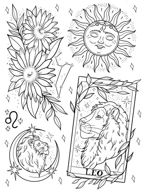 Cat Kingston, Kingston Tattoo, Leo Zodiac Tattoos, Tarot Tattoo, Optical Illusion Tattoo, Leo Tattoos, Flash Tattoo Designs, Flash Sheet, Spooky Tattoos