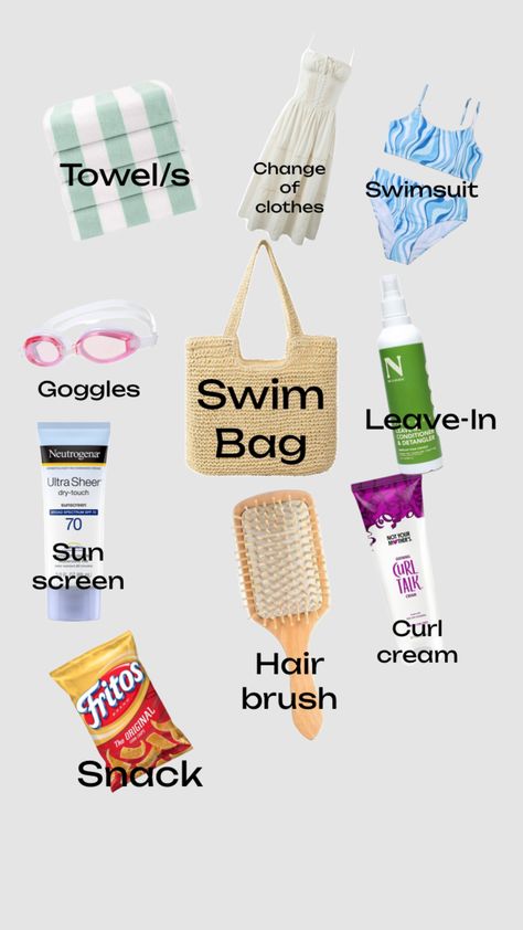 What to pack in a swim bag Lake Vacation Packing List, Swim Bag, Beach Hacks Kids, Beach Necessities, Packing List For Vacation, Curl Cream, Vacation Packing, Swimming Bag, Swimming Goggles