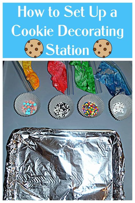 Learn how to set up a mess free Cookie Decorating Station this holiday season! #cookies #cookiedecorating #holidays | Cookie Recipes | Cookie Decorating | Holiday Recipes Vegan Sugar Cookie Recipe, Cookie Decorating Station, Basic Sugar Cookie Recipe, Sugar Cookies With Sprinkles, Christmas Cookie Swap, Vegan Sugar Cookies, Cooking Decorating, Piping Frosting, Canned Frosting