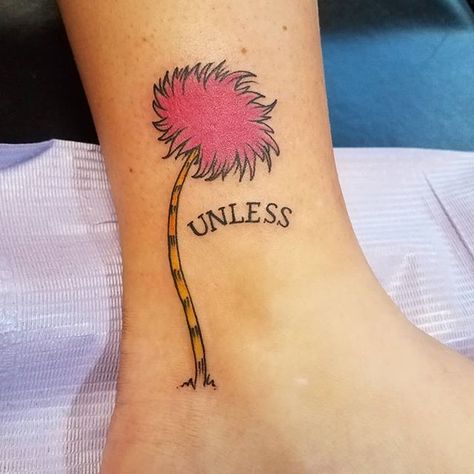 “Unless” + truffula tree The Lorax Tattoo Ideas, Trufulla Tree Tattoo, Lorax Tree Tattoo, Truffula Tree Tattoo, The Lorax Tattoo, Tree Tattoo Black And White, Lorax Tattoos, Tree Tattoo Black, Truffula Tree