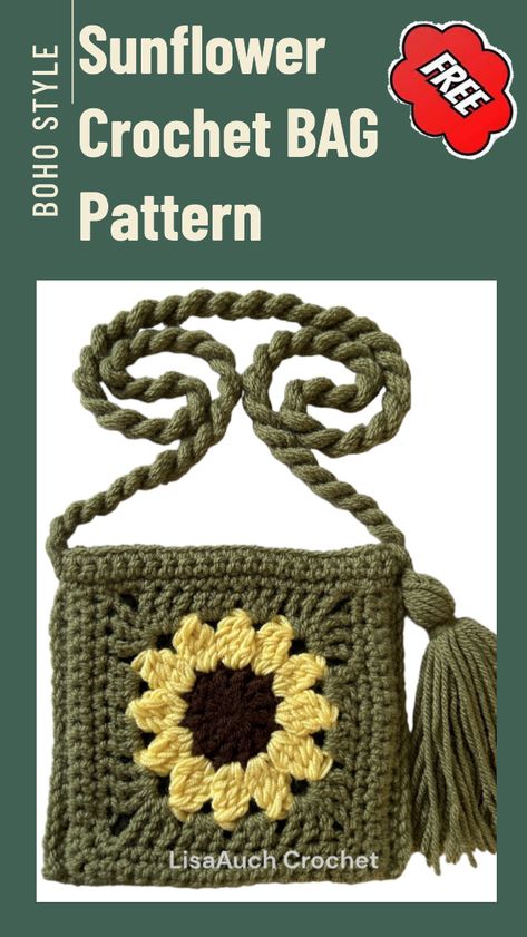 Crochet Sunflower Purse Free Pattern, Crochet Sunflower Granny Square Bag, Sunflower Crochet Bag, Crochet Sunflower Bag, Granny Square Handbag, Crochet Small Bag, Granny Square Purse, Crocheted Purses, Sunflower Bag