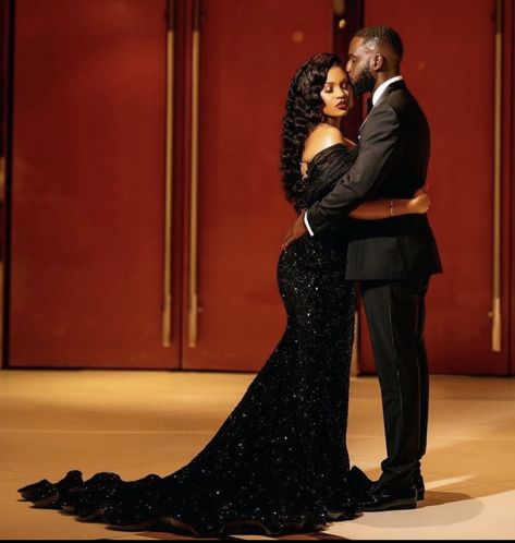 Black Couple Elegant Photoshoot, Anniversary Pictures Black Couples, Wedding Photoshoot Ideas Black Couple, Couples Glam Photoshoot, Great Gatsby Engagement Photoshoot, Formal Couple Photoshoot Ideas, Black Couple Engagement Photoshoot Ideas, Save The Date Photo Ideas Black Couples, Engagement Dress Photoshoot