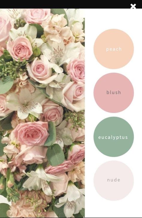 Peach Pink Green Color Palette, Flower Color Palette Colour Schemes, Pink Wedding Palette, Colour Shade Card, Peach Color Palettes, Baby Pink Wedding, Pink Green Wedding, Boho Colors, Pink Paint Colors