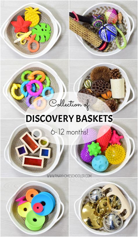 Sensory Bin 6-12 Months, Montessori Discovery Basket, 6 Months Montessori Activities, 6-12 Month Sensory Activities, Montessori Treasure Basket, Sensory Bin 8 Month Old, Diy Montessori Toys 3-6 Months, 6 Month Old Art Projects, Sensory Basket Ideas