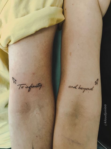 Meaningful Matching Best Friend Tattoos, Disney Pair Tattoos, Matching Arm Tattoos Best Friends, Twinning Tattoos Couple, Matching Couple Quotes, Cute Couple Tattoos Unique Meaningful, Small Matching Disney Tattoos For Best Friends, Matching Anniversary Tattoos, Couples Tattoos Disney