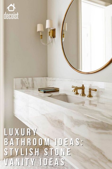 Brass fixtures add metallic glitter to the custom stone vanity in the sophisticated bathroom Marble Countertops Bathroom, Marble Bathroom Vanity, Gold Bad, Bathroom Sink Design, Gold Faucet, Pretty Bathrooms, Gold Bathroom, Sink Design, Floating Vanity