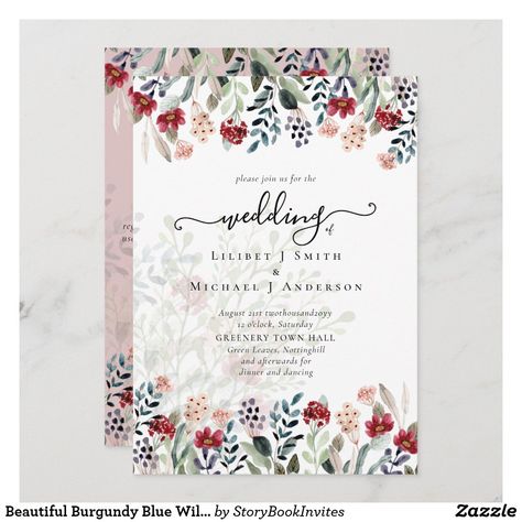 Beautiful Burgundy Blue Wildflowers Wedding Invitation Elegant Wedding Stationery, Low Budget Wedding, Wildflower Wedding Invitations, Bird Wedding, Floral Wedding Invitation, Cardinal Birds, Red Cardinal, Wildflower Wedding, Wedding Checklist