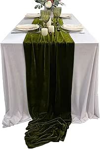 Luxurious Velvet Table Runner, 10ft Wedding Reception Decorations, 20x120inch Soft Velvet Fabric, Table Linen Overlay, Wedding Table Runners (Olive Green, 20X120inch) Wedding Table Overlays, Velvet Table Runner, Olive Green Wedding, Olive Green Weddings, Velvet Table, Green Table Runner, Green Tablecloth, Wedding Tablecloths, Fabric Table