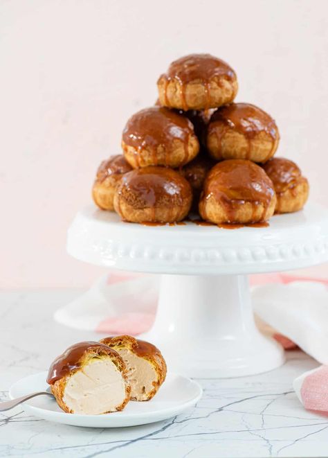 Maple Cream Puffs, Thanksgiving Cream Puffs, Salted Caramel Cream Puffs, Holiday Cream Puffs, Fall Cream Puffs, Cream Puff Flavor Ideas, Cream Puff Recipes, Caramel Cream Puffs, Caramel Pastry Cream