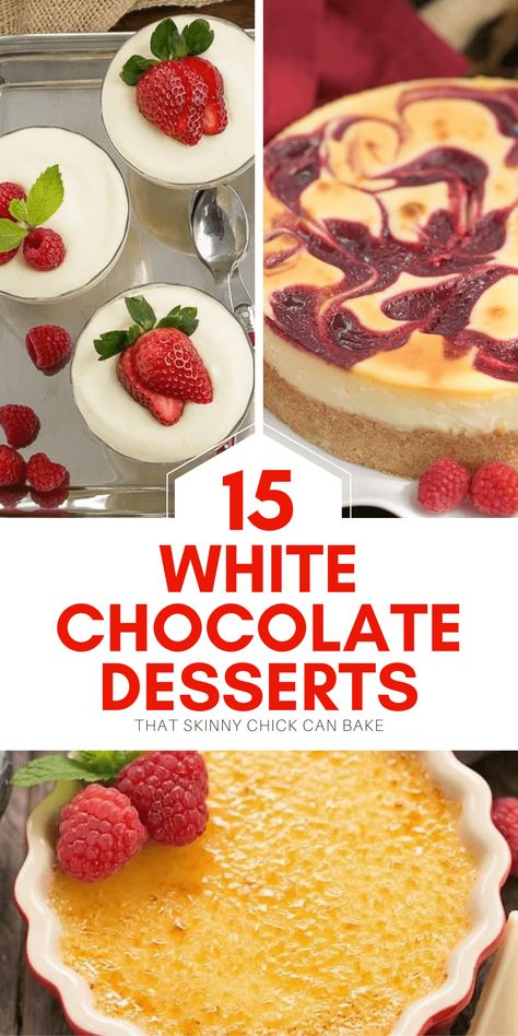 Favorite White Chocolate Recipes - a decadent collection of fabulous white chocolate dessert recipes! #desserts #whitechocolate #bestwhitechocolaterecipes #whitechocolatedesserts White Bakers Chocolate Recipes, Dessert Recipes White Chocolate, White Chocolate Powder Recipes, Desserts With White Chocolate, White Chocolate Dessert Recipes, White Chocolate Pie Recipe, White Chocolate Pudding Desserts, Chocolate Chips Recipe Desserts, White Chocolate Recipes Desserts